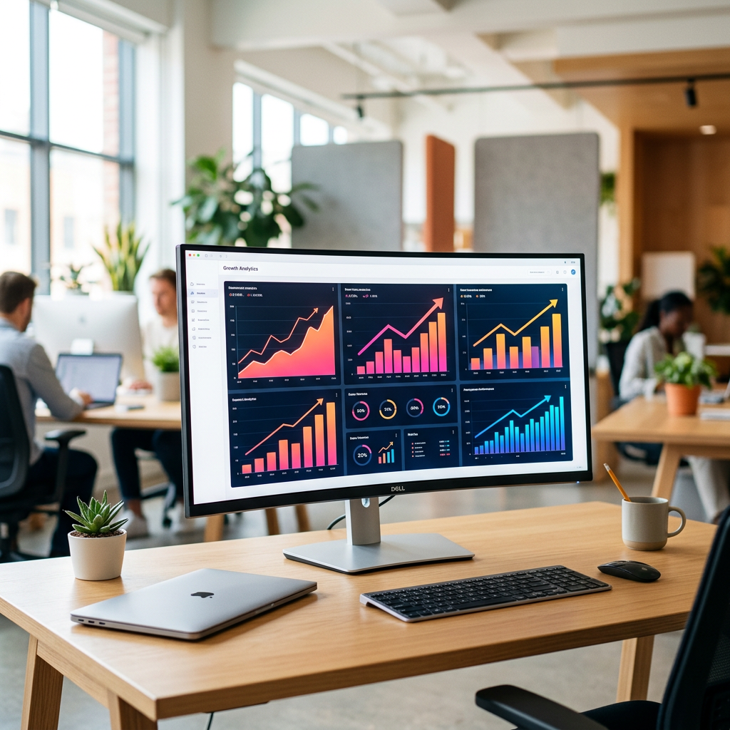 Marketing analytics dashboard on a curved monitor