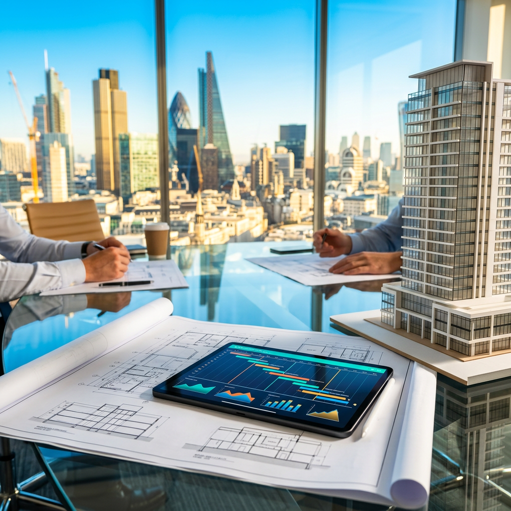 Project timeline and blueprint documents on a glass table